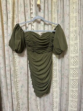 Rare London Olive Ruched Puff Sleeve Mini Dress XS NWT Bodycon